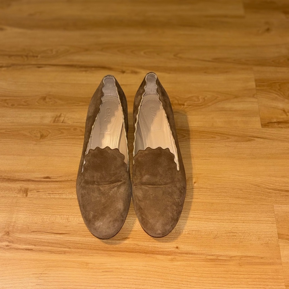 Chloe scallop tan suede block heel